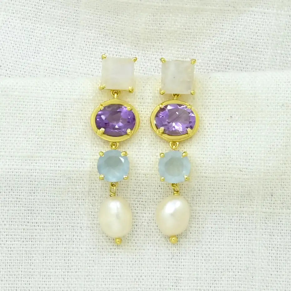 Pearl, Moonstone & Purple Amethyst Earrings