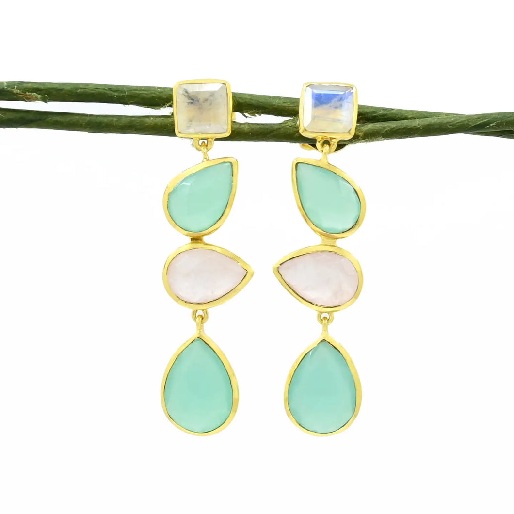 Rose Quartz, Moonstone & Chalcedony Earrings