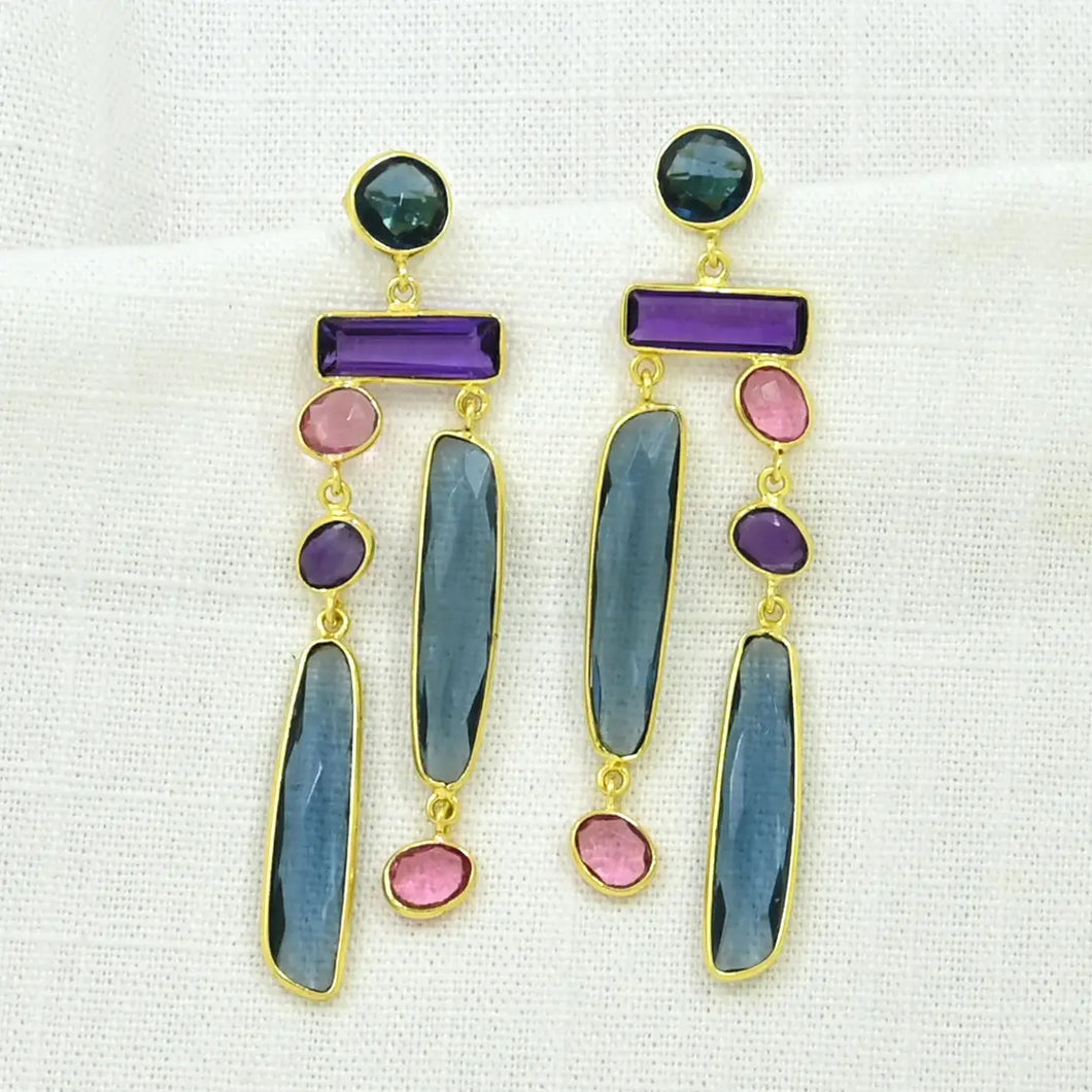 Blue Iolite, Amethyst & Tourmaline Earrings